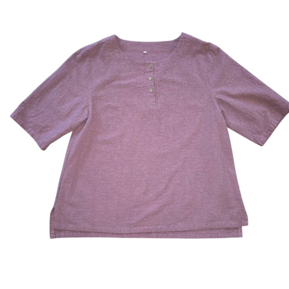 Womens Linen Blend Boxy Henley Top L Mauve Crackle Textured Coastal Grandmother